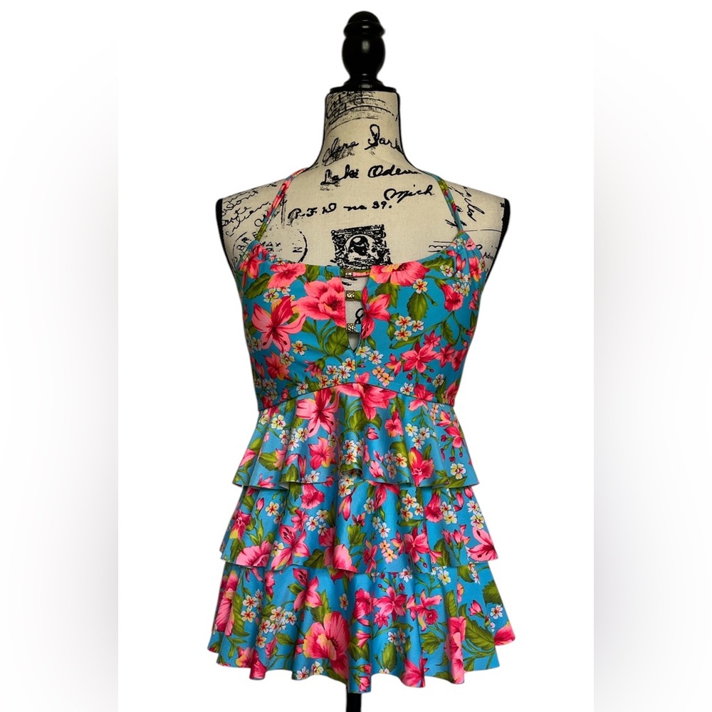 Catalina Blue Pink Tiered Halter Swim Top M (8-10)